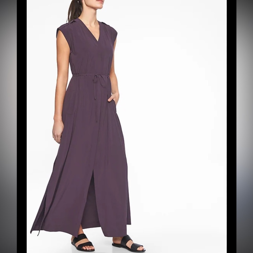 Athleta LG Mara Maxi Dress Navy Blue Tie Waist Pockets #Travelwear #Athleisure